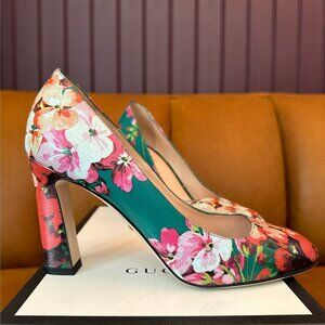 Gucci Shanghai Blooms Green Floral Print Heels Size 37.5